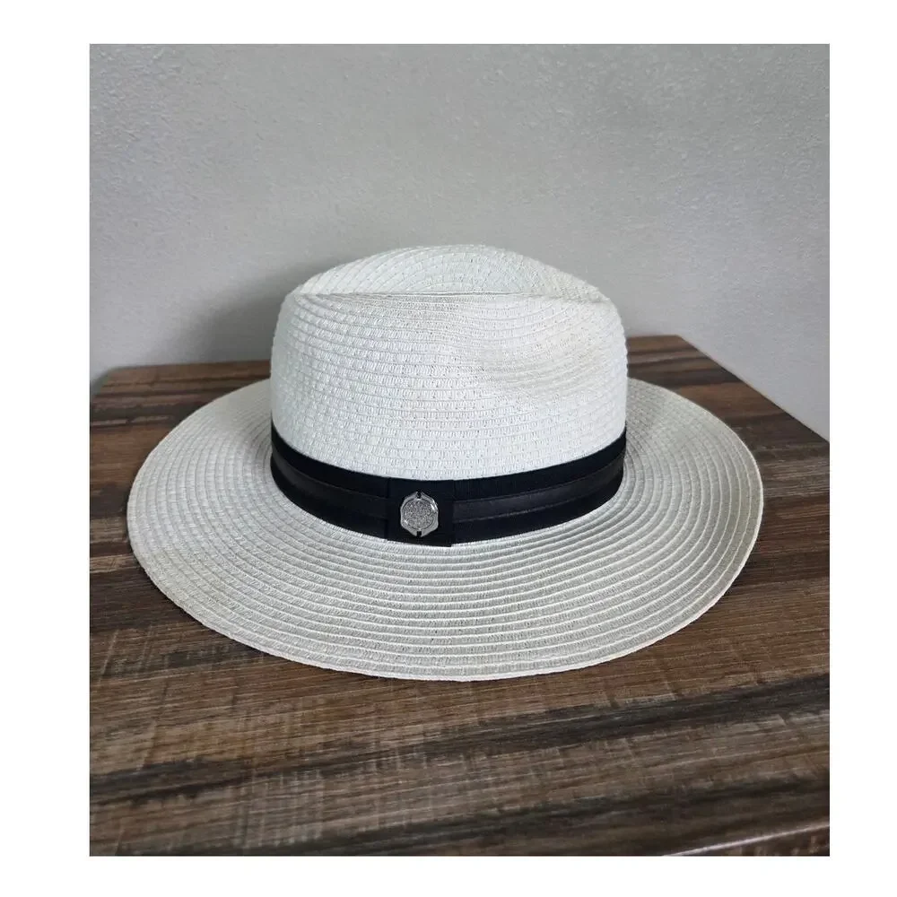 Vince Camuto Woman's Paper Summer White with Black Ribbon Hat